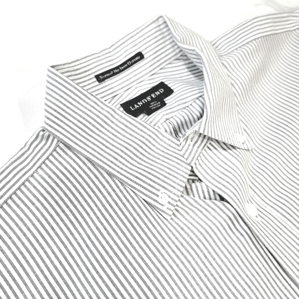 Men's Lands End Sz 17/36 Tall Fit Blue Pin Striped Oxford Dress Shirt